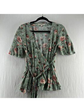 LOFT Floral Flutter Sleeve Wrap Blouse Size XS V-Neck Waist Tie Sage Green Pink